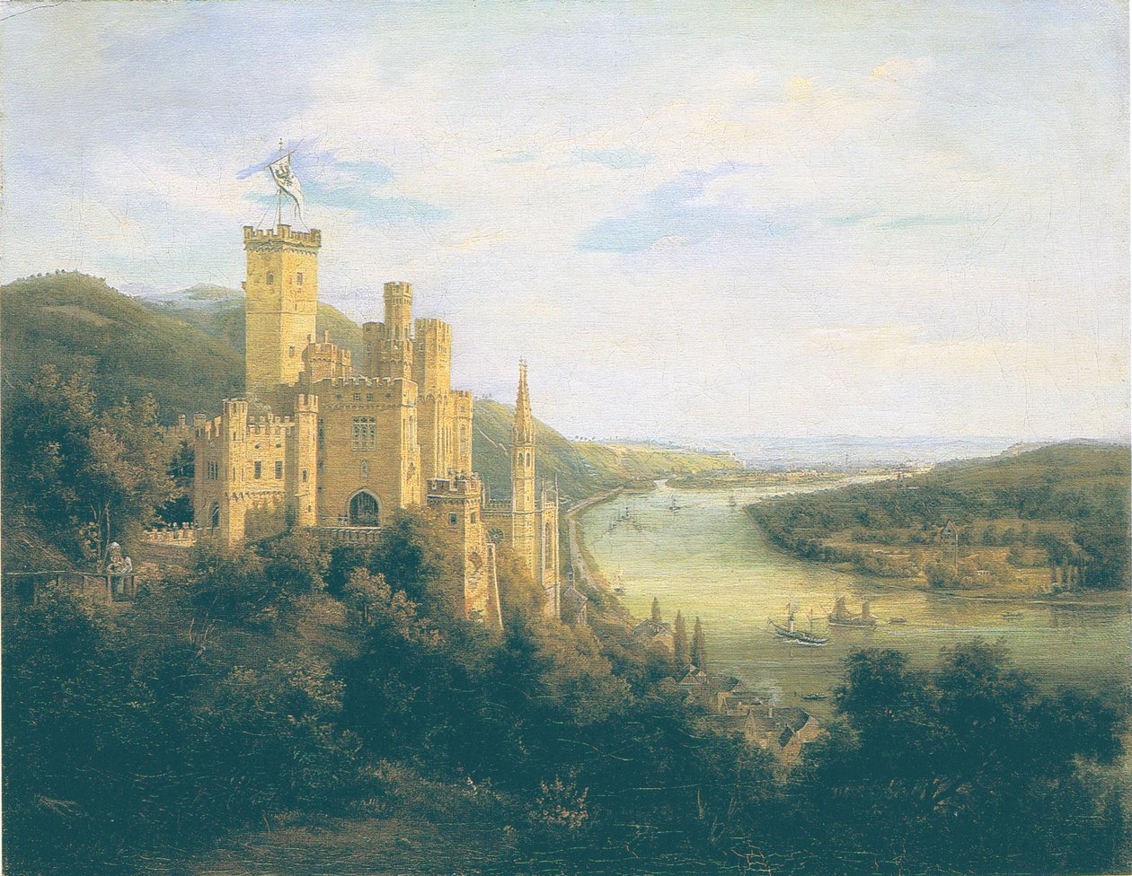Uitzicht op kasteel Stolzenfels aan de Rijn door Carl Daniel Freydanck