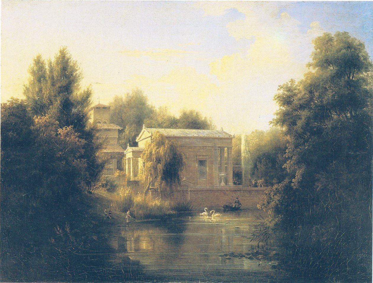 uitzicht os het tuinhuis van Charlottenhof (waterzijde) door Carl Daniel Freydanck