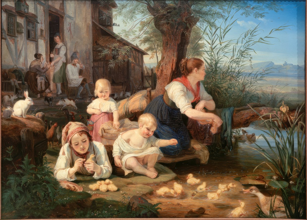 Moeder met kinderen bij de dorpsvijver door Carl Engel von Rabenau