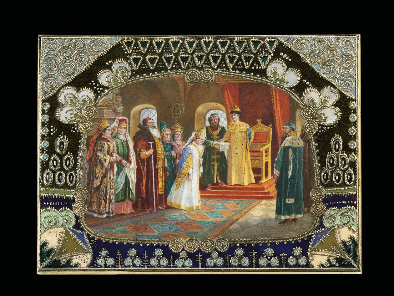 Detail van het geschilderde cartouche van een tafeldoos, met afbeelding van Tsaar Alexei Mikhailovich die een bruid kiest, ca. 1908-1917 door Carl Fabergé
