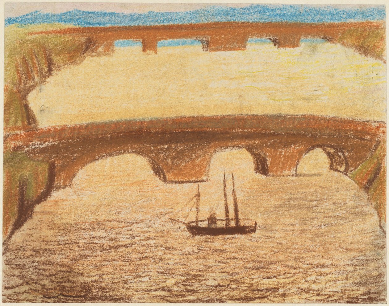 Lange Steinbrücken über Fluss mit einem Schiff door Carl Fredrik Hill
