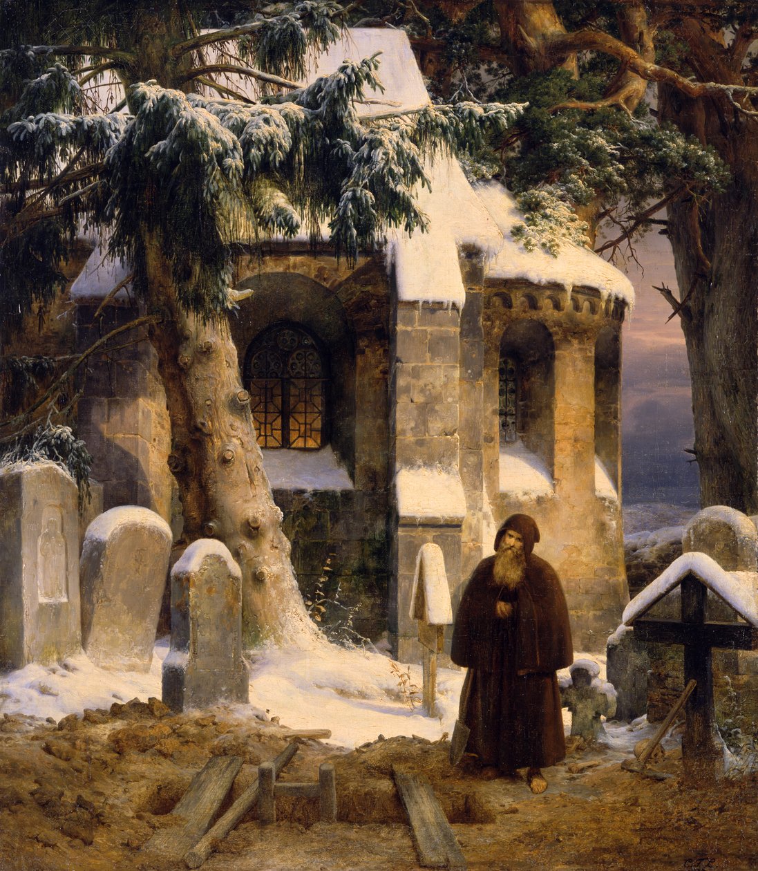 Kloosterkerkhof in de sneeuw door Carl Friedrich Lessing