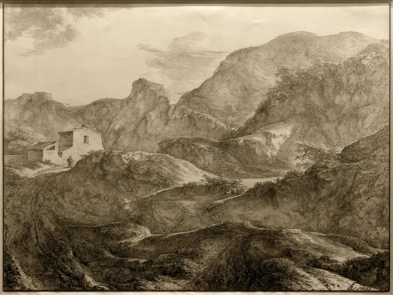 Berglandschap, links een huis met een wandelaar ervoor door Carl Friedrich von Rumohr