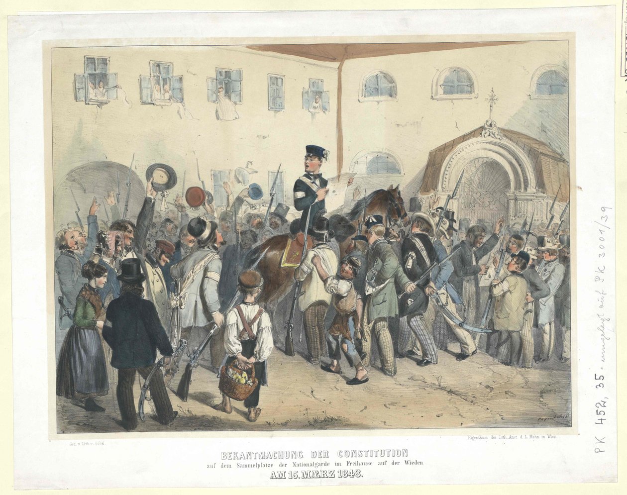 Proclamatie van de Grondwet op de verzamelplaats van de Nationale Garde in het Freihaus op de Wieden op 15 maart 1848 door Carl Goebel