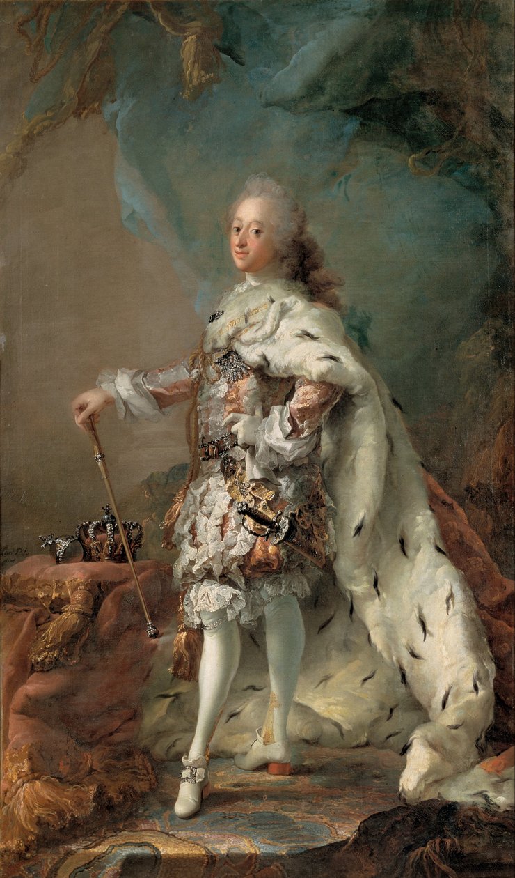 Portret van Frederik V in zalvende mantel door Carl Gustaf Pilo