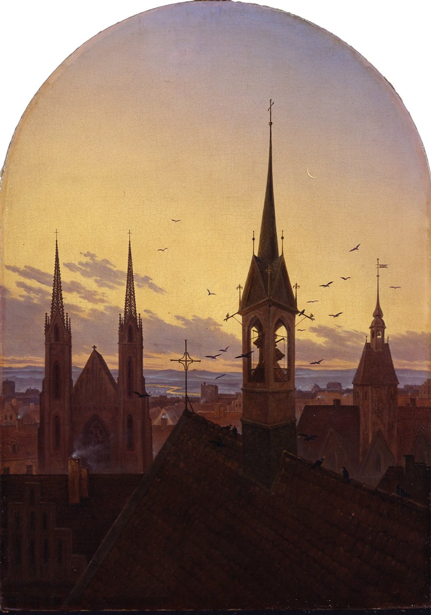 Duits: Frühläuten (Altdeutsche Stadt im Frühlicht) Ochtendkrieken (Oudduitse stad in het ochtendlicht) door Carl Gustav Carus