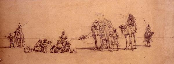 Figuren en kamelen in de woestijn door Carl Haag