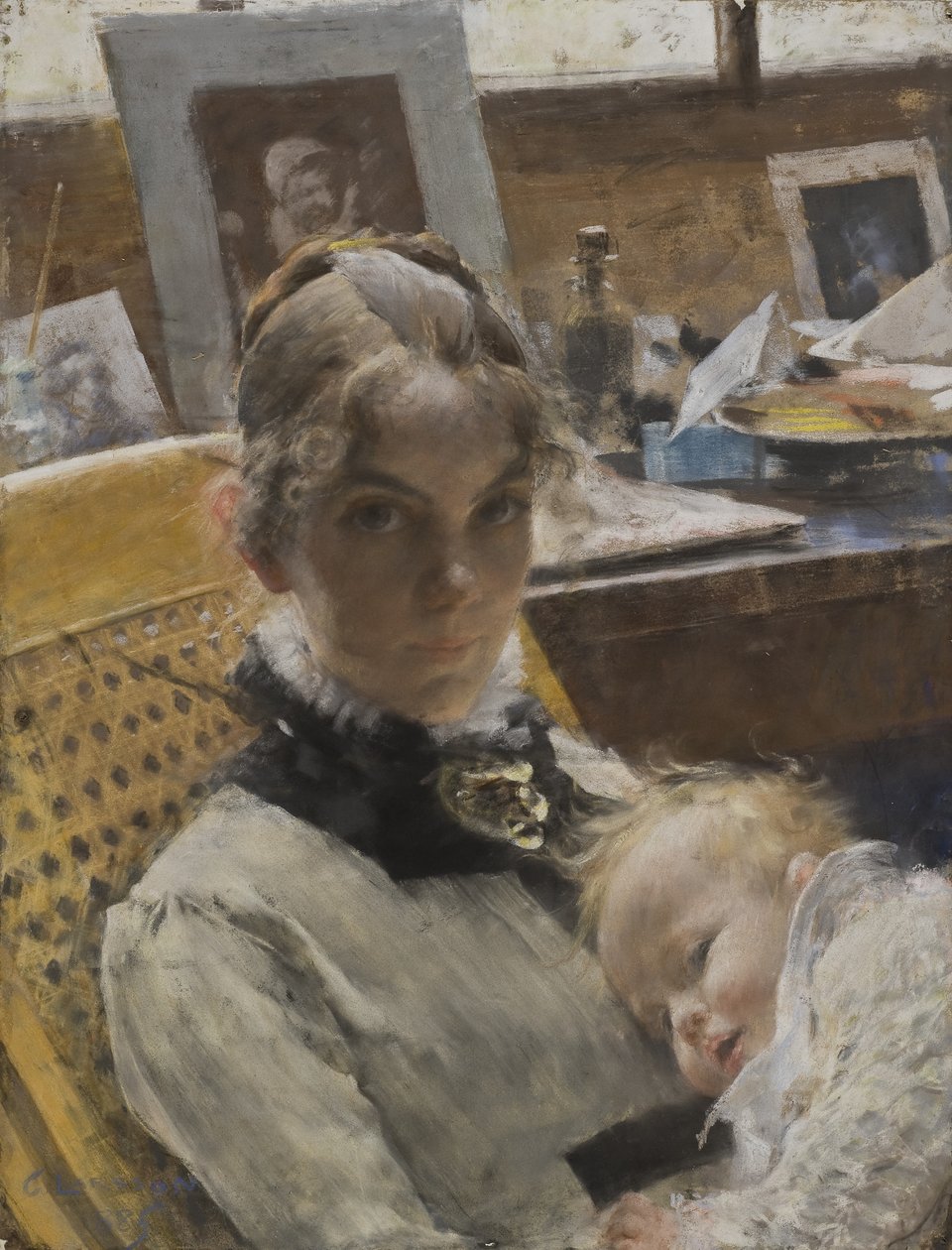 Een atelieridylle: De vrouw van de kunstenaar en hun dochter Suzanne door Carl Larsson