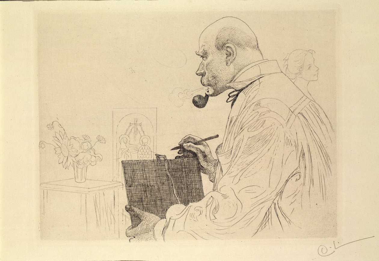 Zelfportret als etser door Carl Larsson