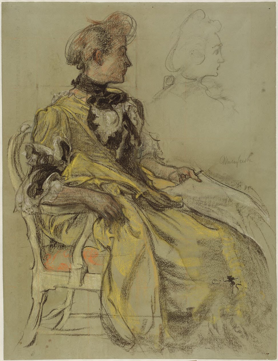 Schets voor het kostuum van Lovisa Ulrika: voorlopige tekening voor het fresco van Lovisa Ulrika in het trappenhuis van het Nationalmuseum in Stockholm door Carl Larsson