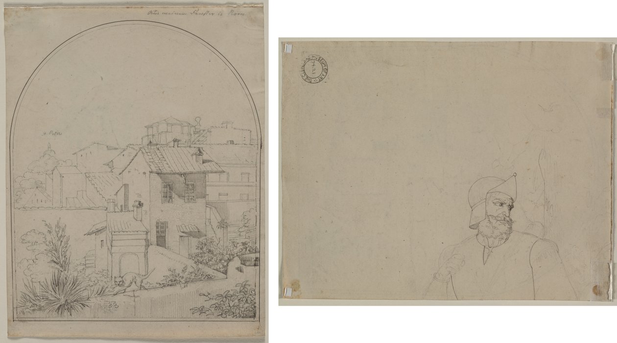 Uitzicht vanuit mijn raam in Rome (recto) Soldaat in een landschap (verso) door Carl Ludwig Tischbein