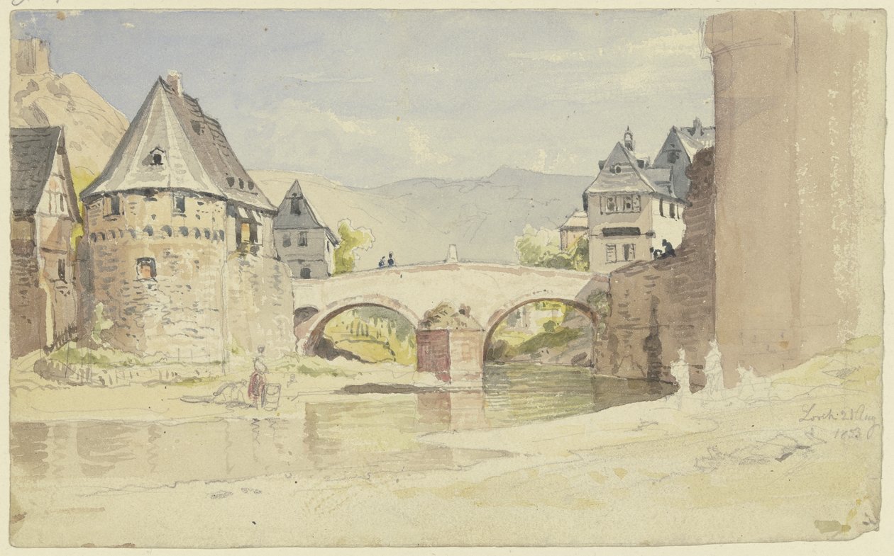 De verdwenen Stenen Brug uit 1556 over de Wisper in Lorch in het Rheingau door Carl Morgenstern