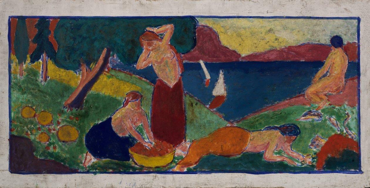 Vrouwen in landschap met blauwe rand, voor 1932 door Carl Newman