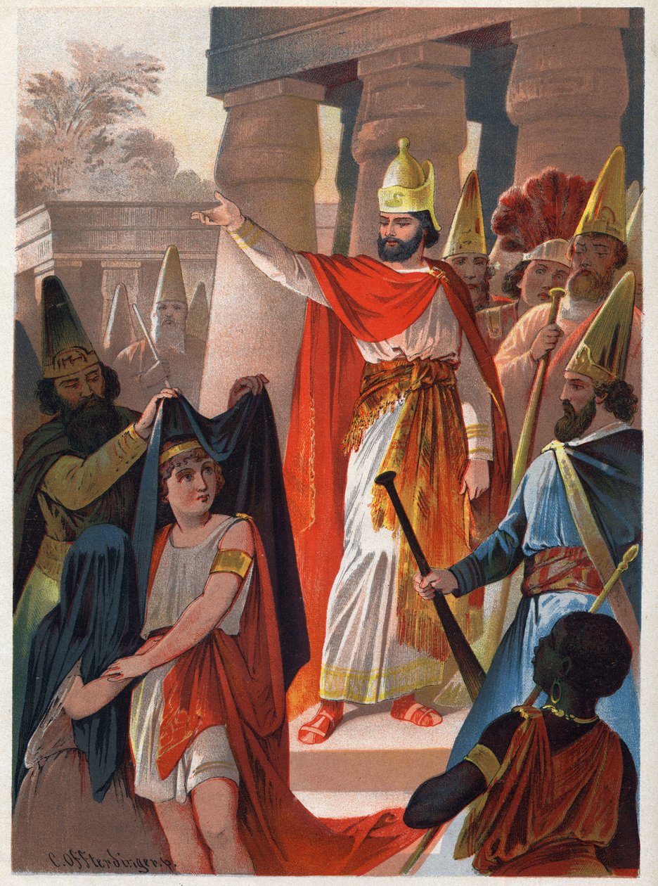 Op een teken van Sarastro spreidt een priester grote zwarte zeilen over Prins Tamino en Prinses Pamina. Illustratie door Carl Offterdinger in 