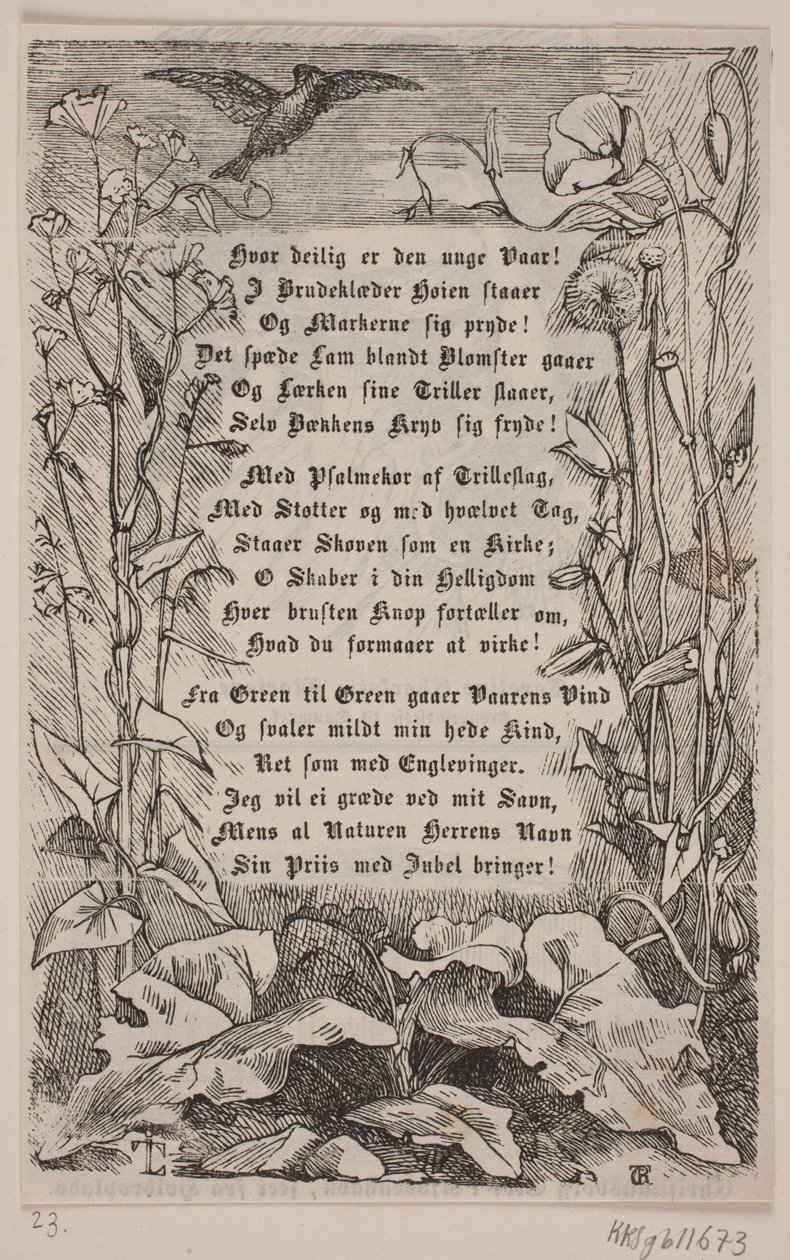 Omlijsting met een leeuwerik en bloemen door Carl Peter Theodor Rothweiler