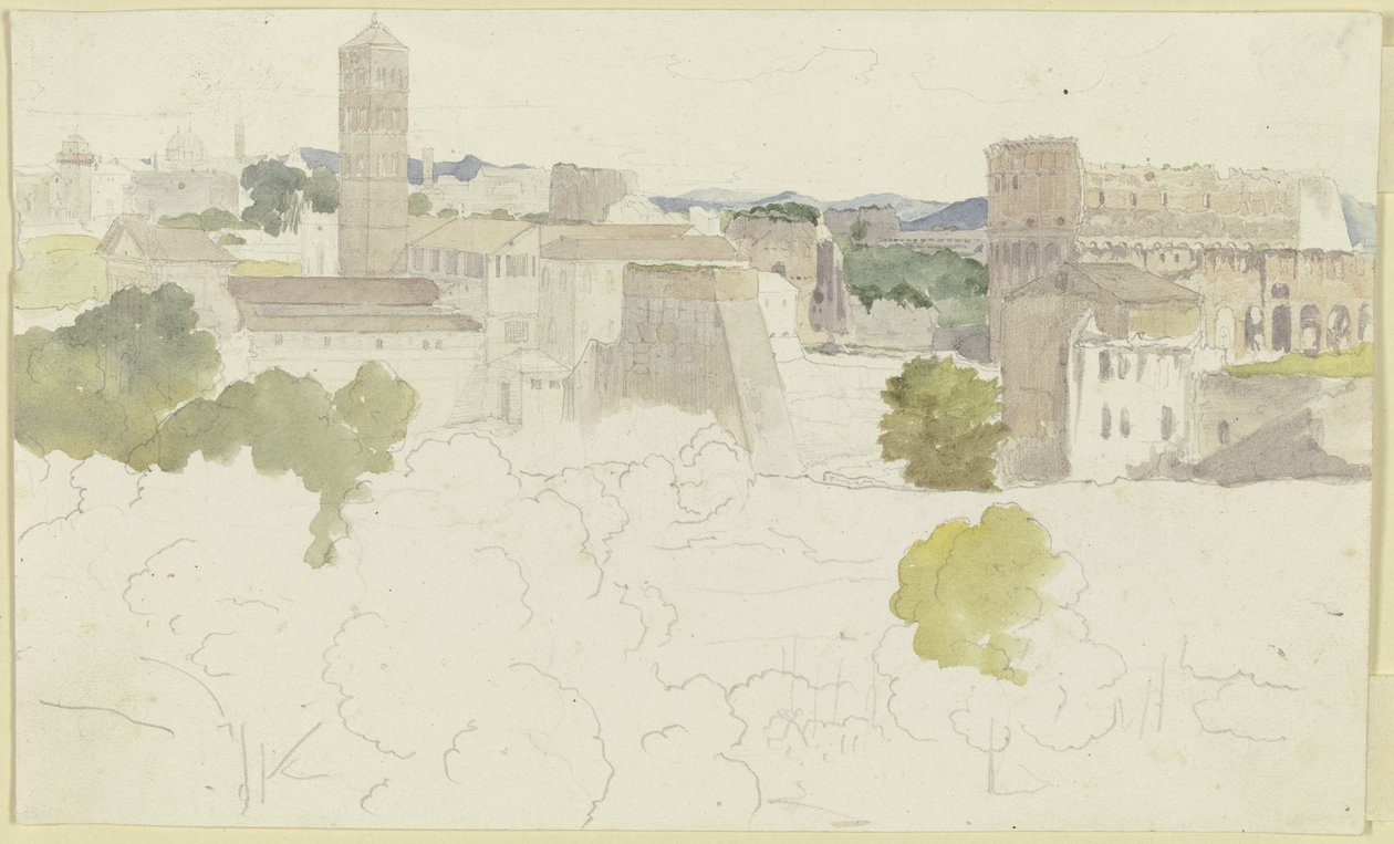 Uitzicht over Rome met het Colosseum rechts, bergen in de verte door Carl Philipp Fohr