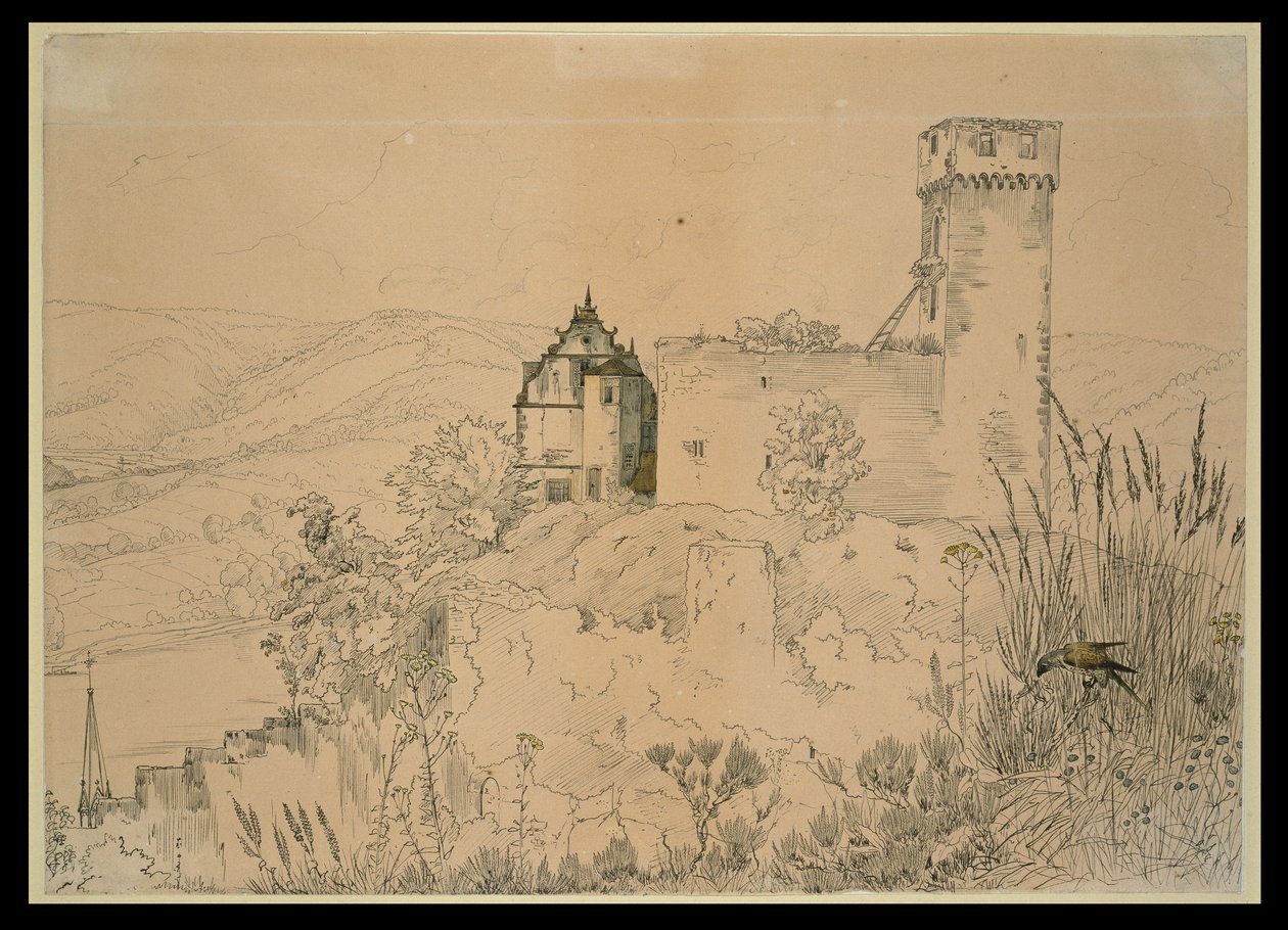 Kasteel Hirschhorn aan de Neckar (met de valk) door Carl Philipp Fohr