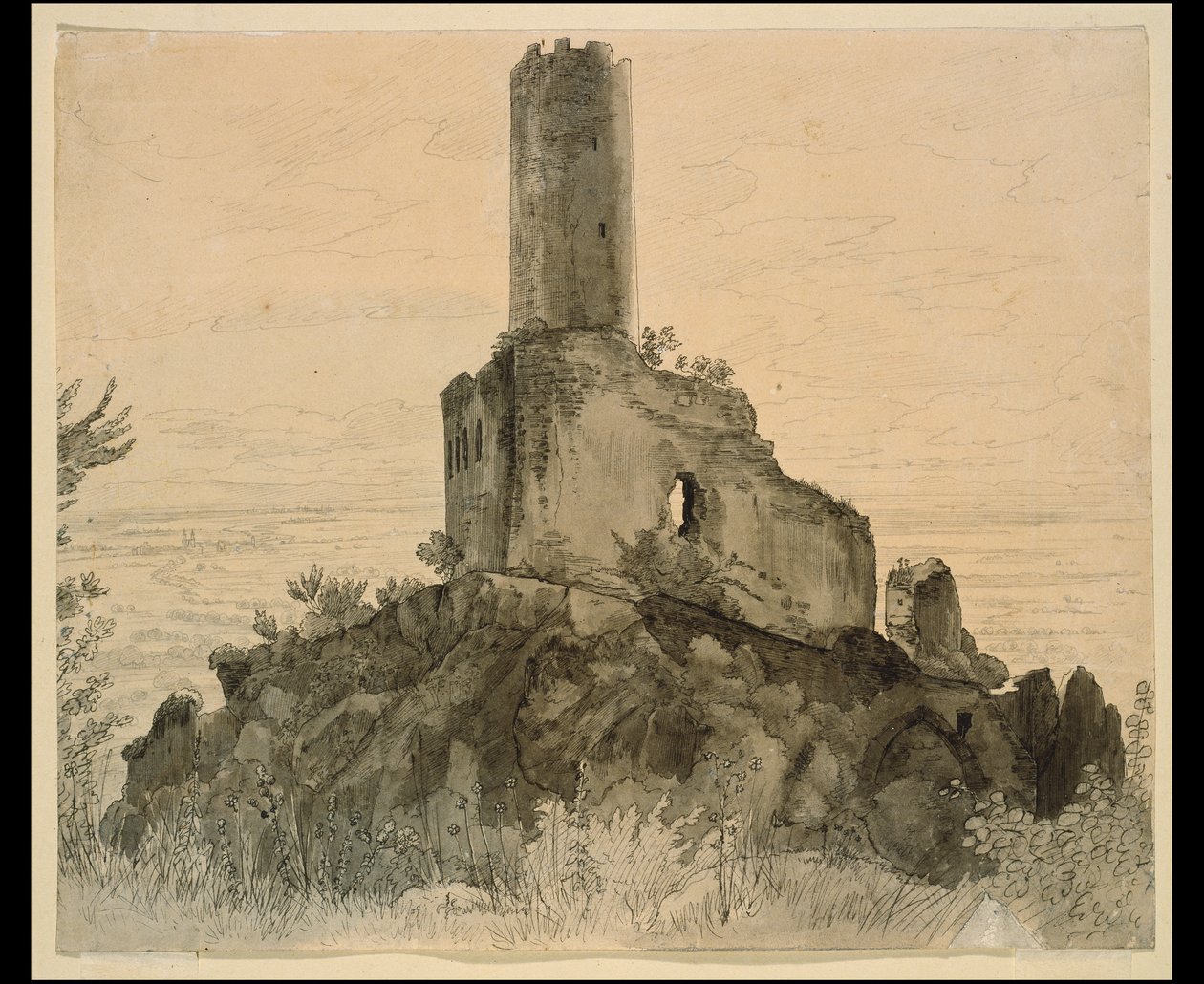 De ruïne Strahlenburg bij Schriesheim met uitzicht op de Rijnvlakte door Carl Philipp Fohr