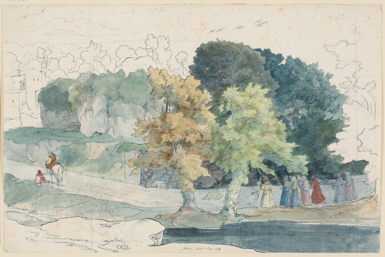 Italiaans landschap met stoffagefiguren door Carl Philipp Fohr