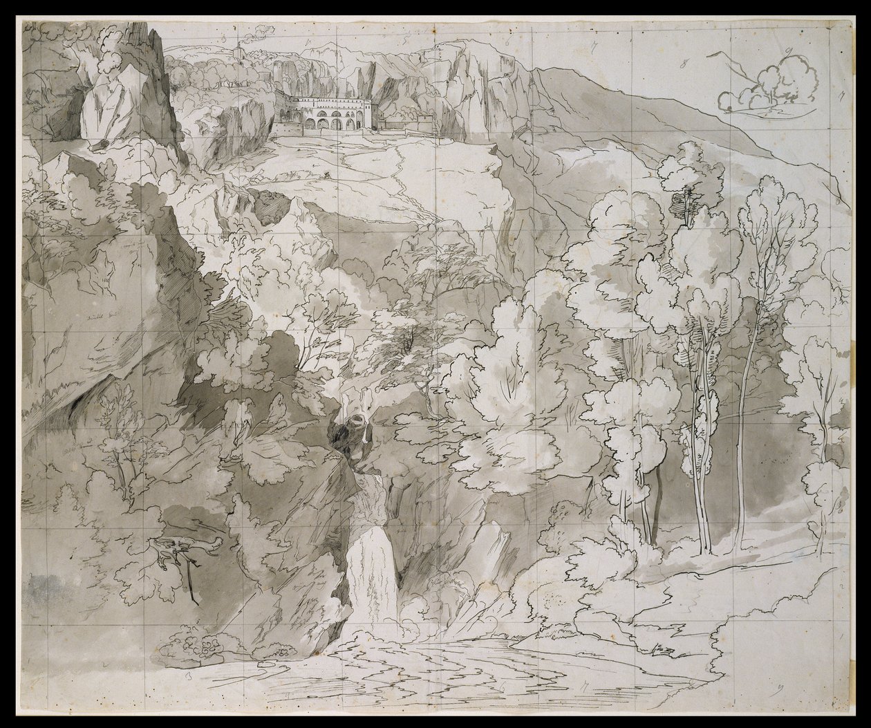 Landschap bij Subiaco met een waterval en het klooster van San Benedetto door Carl Philipp Fohr