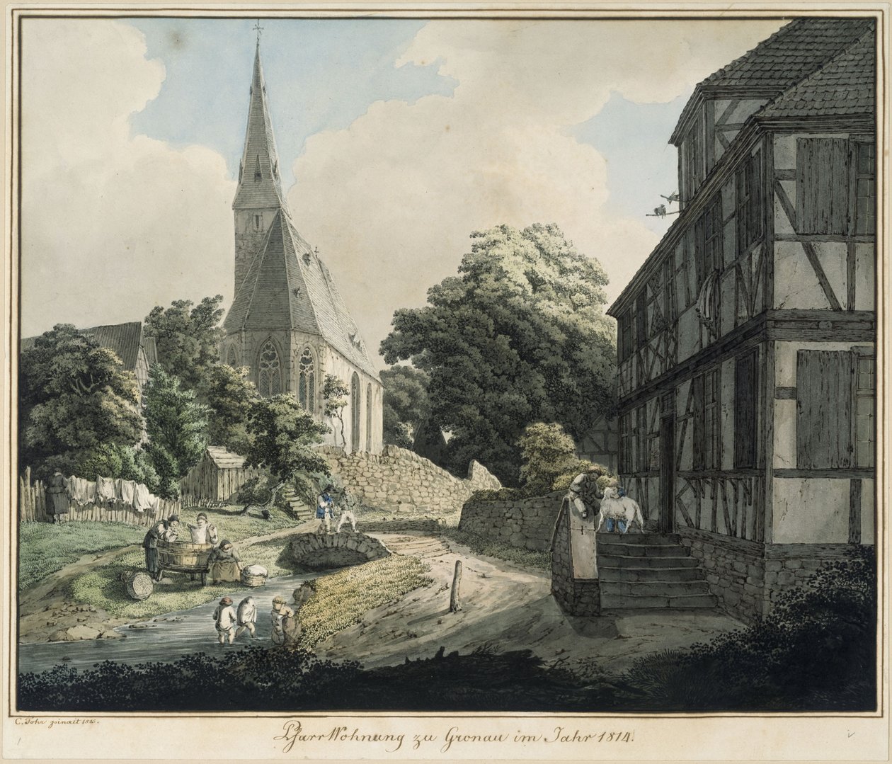 De pastorie en de kerk van Gronau in het jaar 1814 door Carl Philipp Fohr