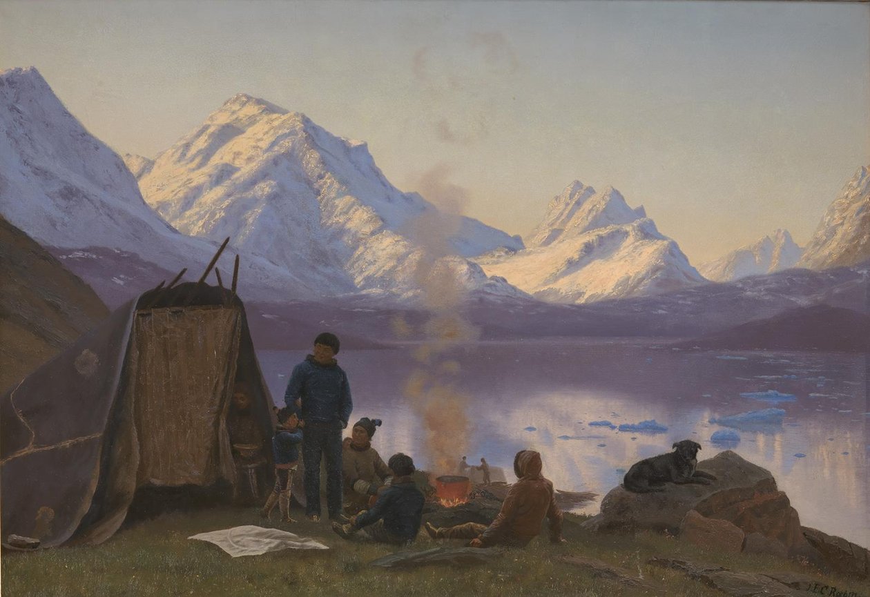 Een Groenlandse nederzetting bij een fjord. Zomer door Carl Rasmussen