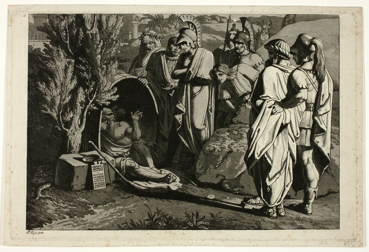 Diogenes in zijn ton met Alexander en zijn generaals door Carl Russ