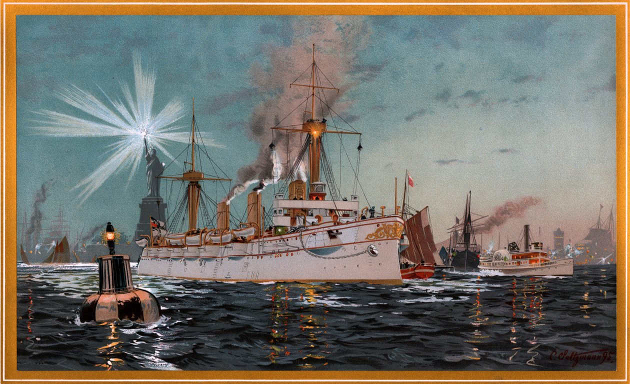 Keizerin Augusta verlaat New York, chromolithografie van C. Saltzmann 95, nr13 uit G. Wislicenus, Unsre Kriegsflotte door Carl Saltzmann