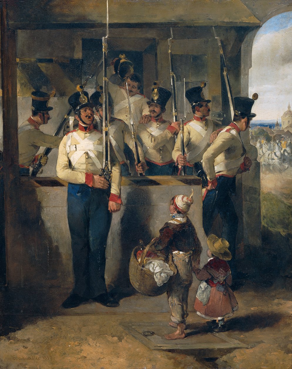 De schildwacht, roepend naar het geweer ("Geweer eruit!") door Carl Schindler