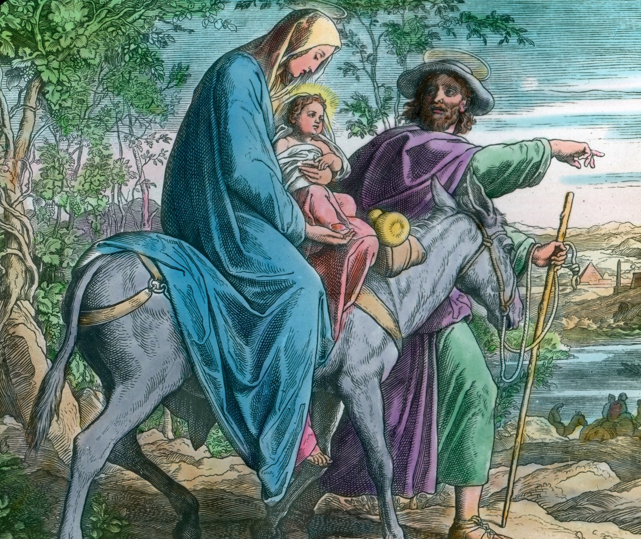 Vlucht naar Egypte. Bijbelse illustratie door Duitse schilder Julius Schnorr von Carolsfeld door Carl Simon
