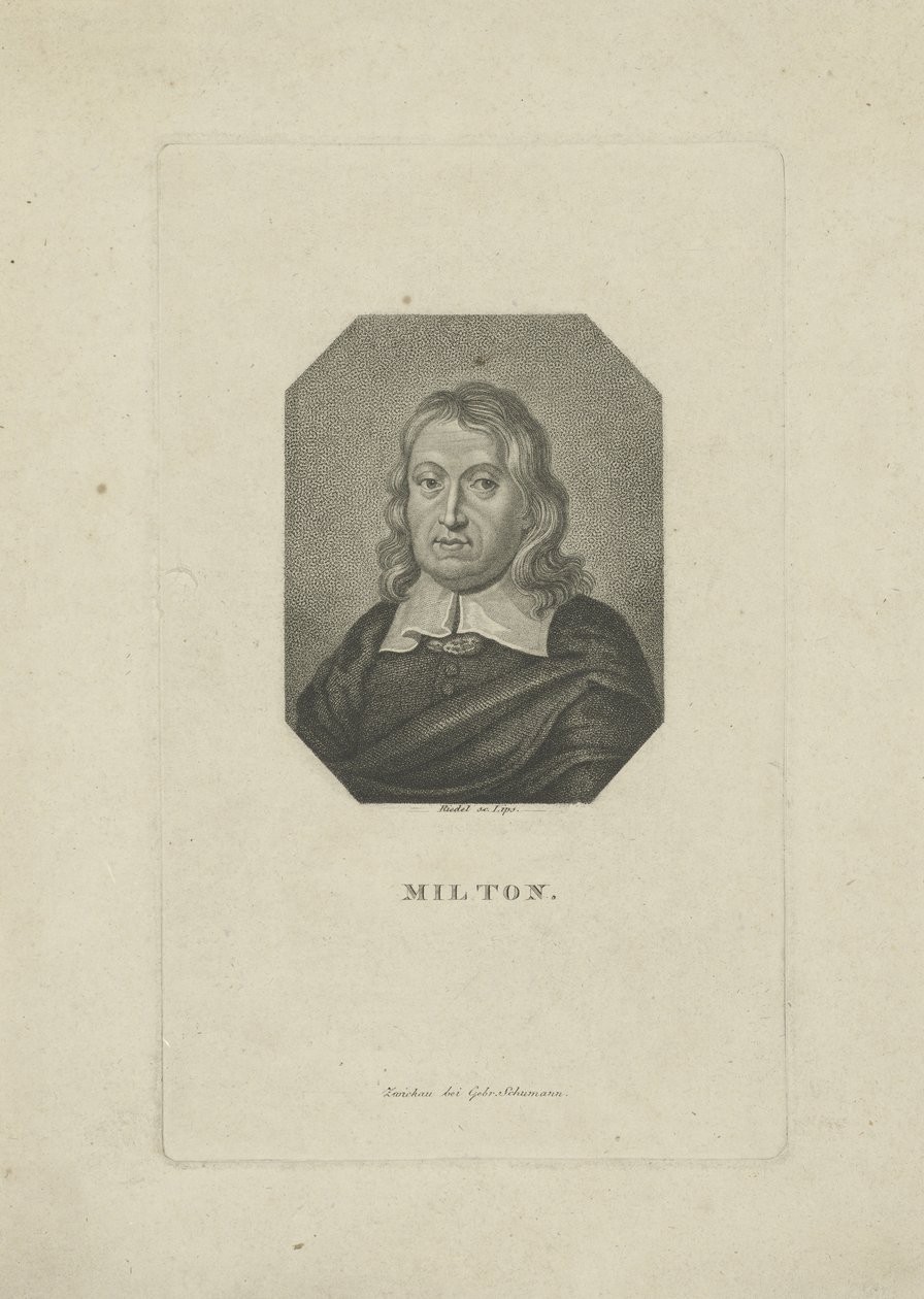 Portret van de dichter John Milton door Carl Traugott Riedel