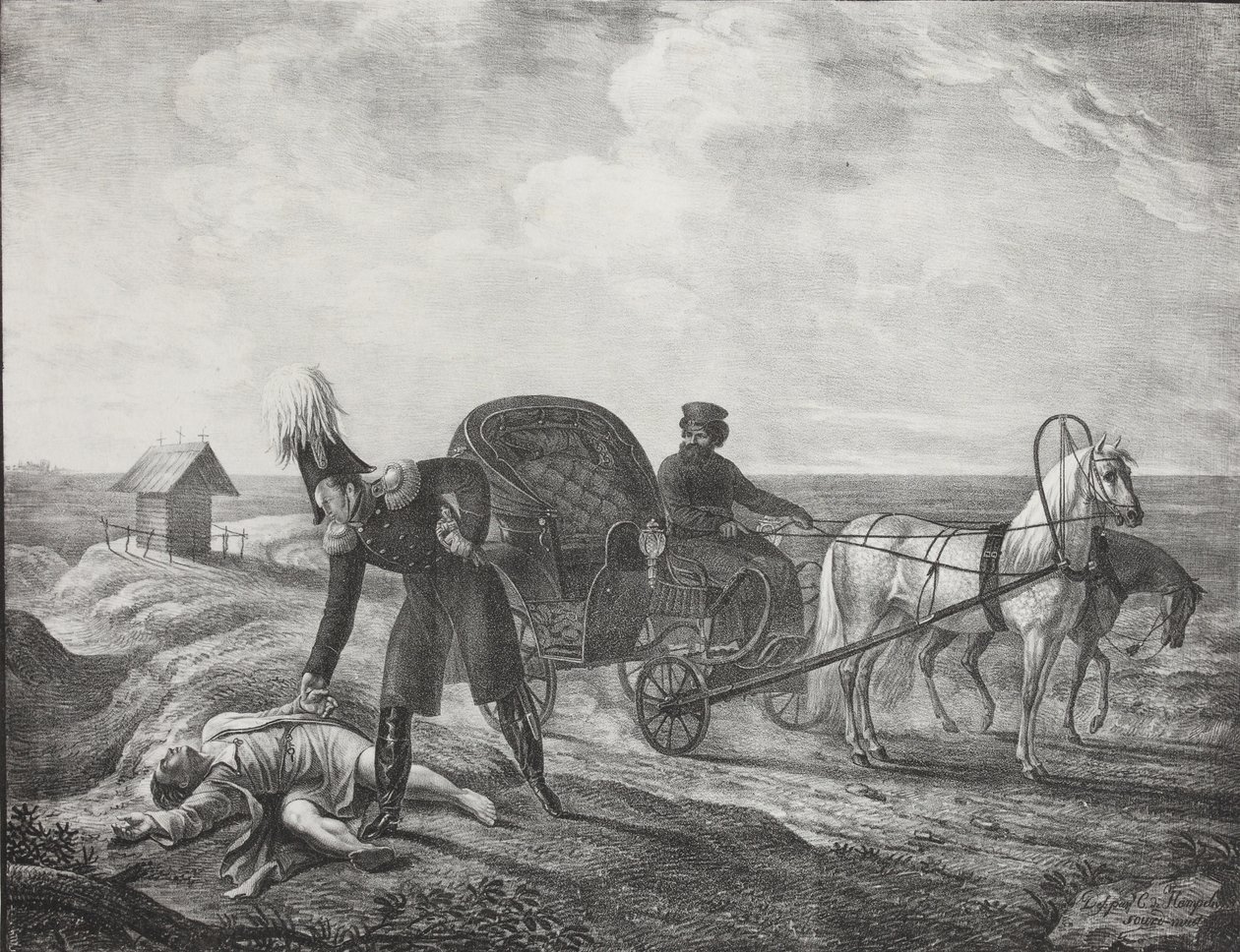Keizer Alexander I helpt een behoeftig persoon, 1820 door Carl von Hampeln