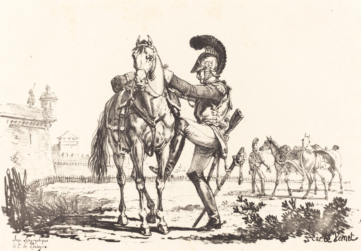 Carabinier die een paard bestijgt door Carle Vernet