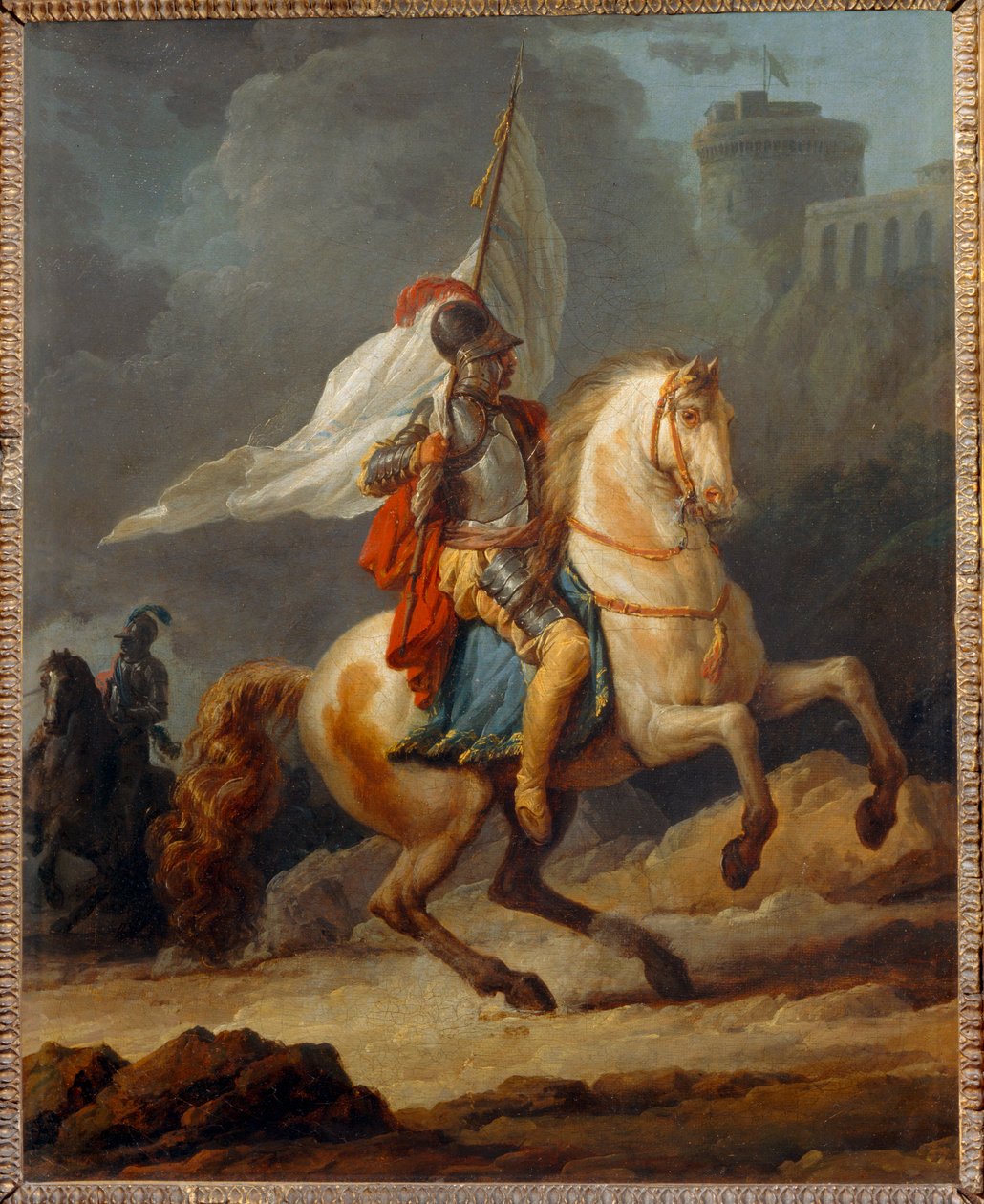 Cavalier en armure tenant un drapeau - Gepantserde ridder die een vaandel draagt ... door Carle Vernet