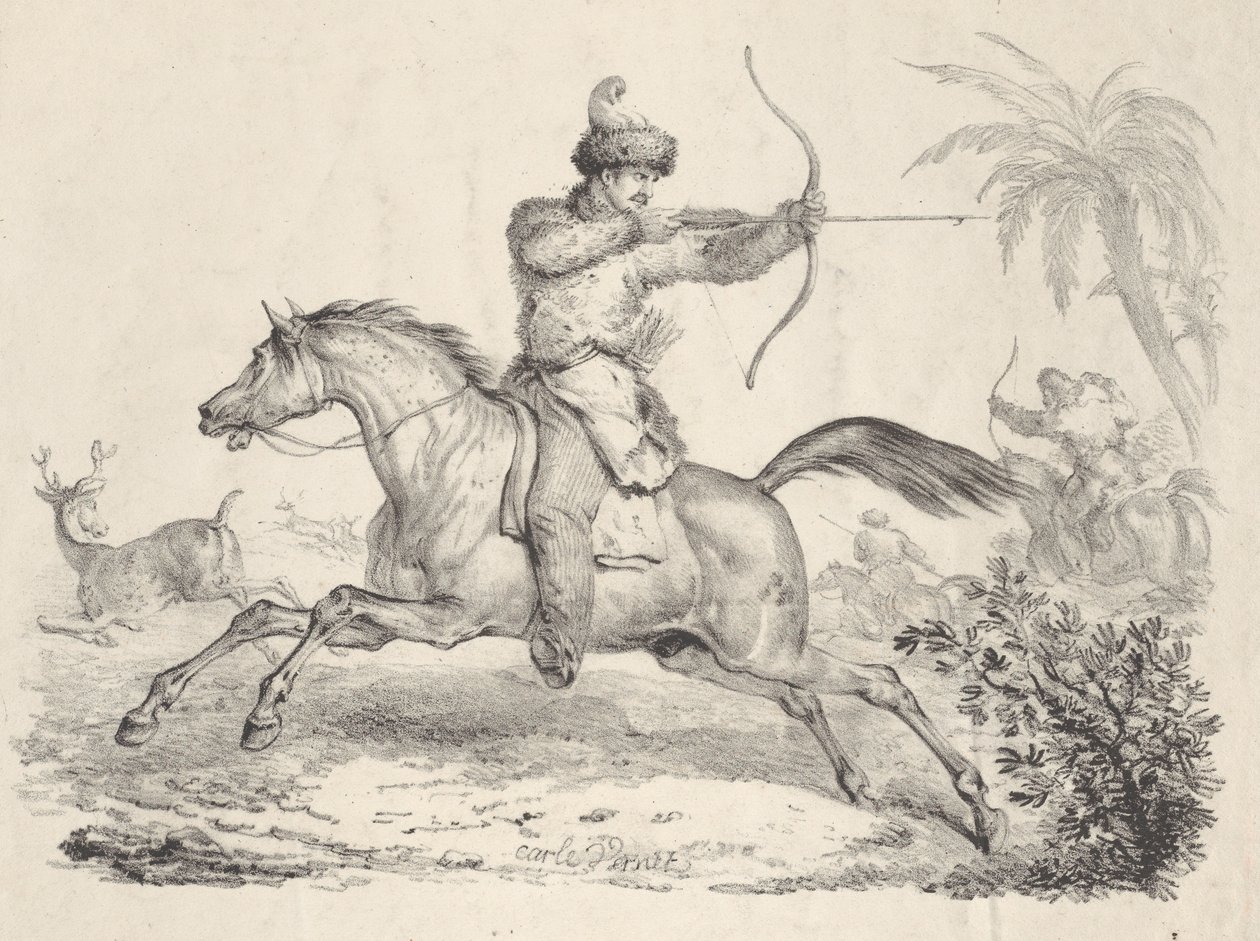 Kozakken te paard jagen op herten, 1821-36 door Carle Vernet