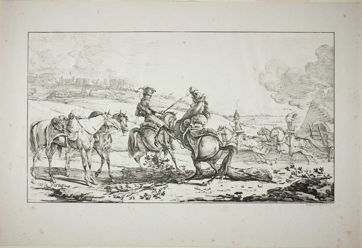 Bereden artillerist met drie paarden tegelijk door Carle Vernet