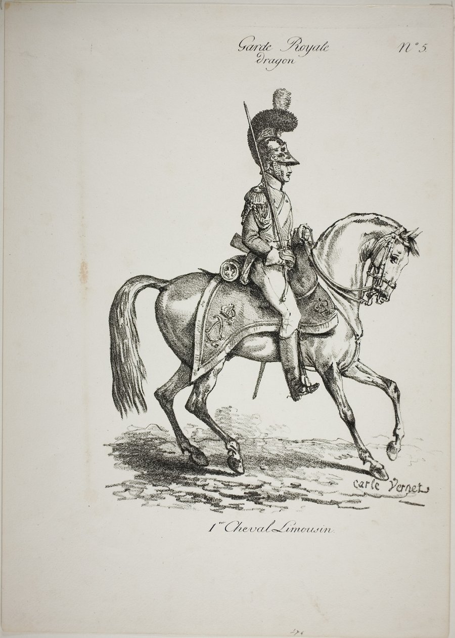Koninklijke Garde, Normandische Bereden Dragonder en Paard, Nr. 5, Eerste Limoges Paard door Carle Vernet