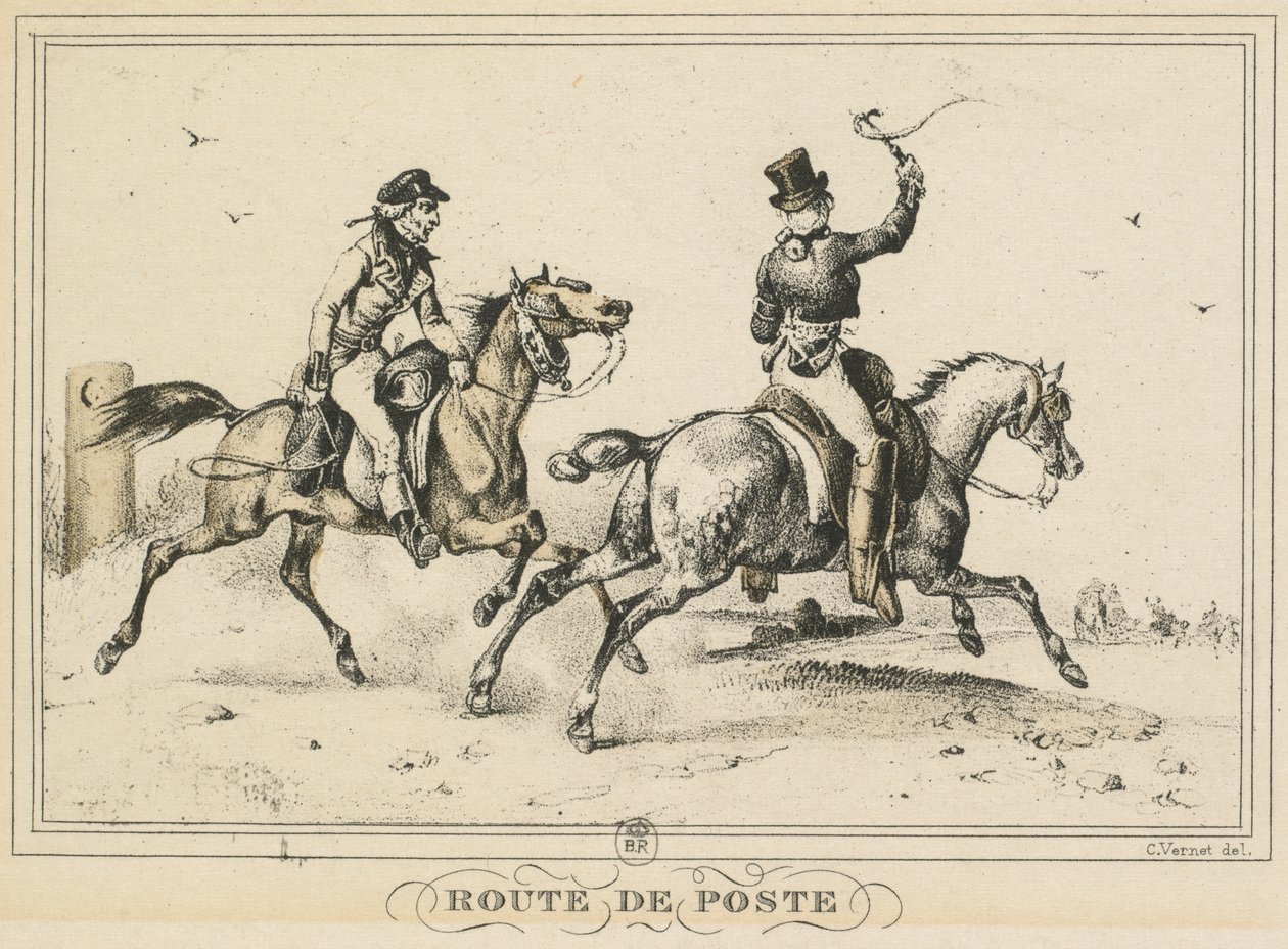 Scènes uit het dagelijks leven, wegen en paden: postroute..., 1817 door Carle Vernet