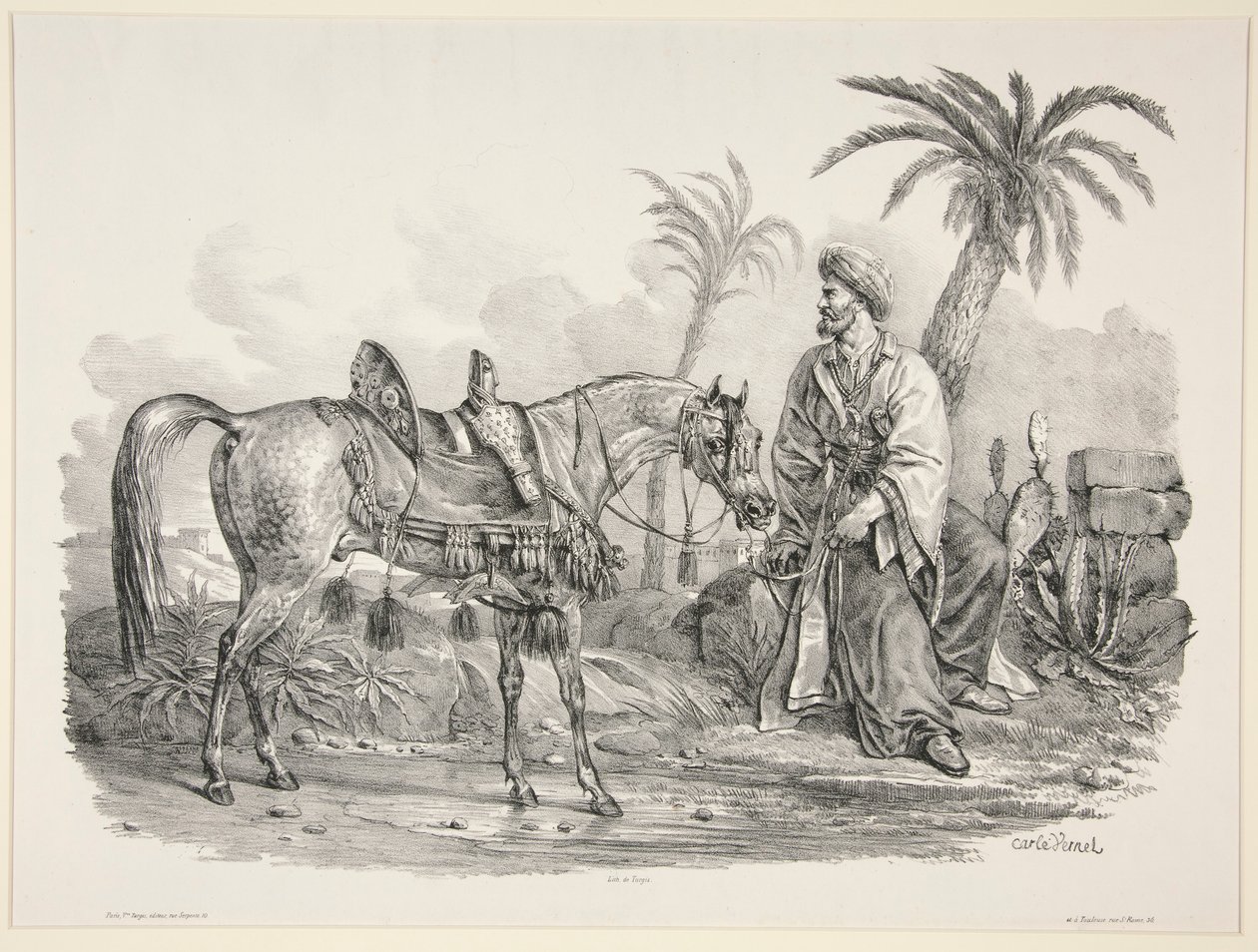 Zittende Arabier met het Hoofd van een Arabisch Paard door Carle Vernet