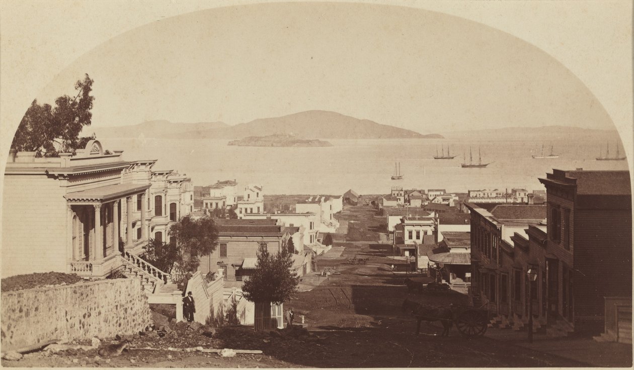 Het eiland Alcatraz en de baai van San Francisco, noordwaarts kijkend,jaren 1880 (foto) door Carleton Emmons Watkins