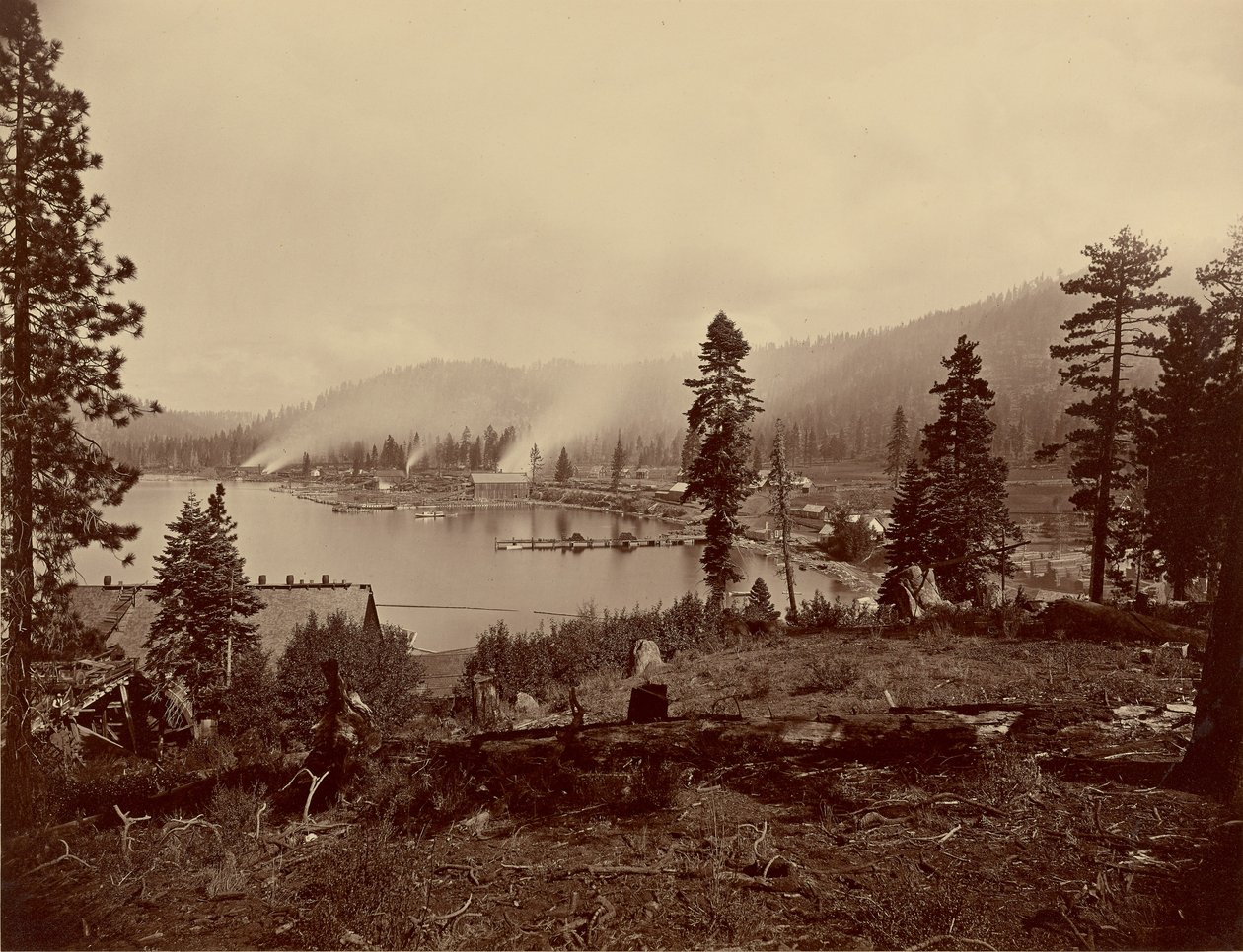 View of Gleenbrook [sic] Bay, Lake Tahoe, Showing Saw Mills, Breakwater and Steamers of Carson and Tahoe Lumber and Flume Co., also Lake Terminus of Lake Tahoe, N.G.R.R. door Carleton Watkins