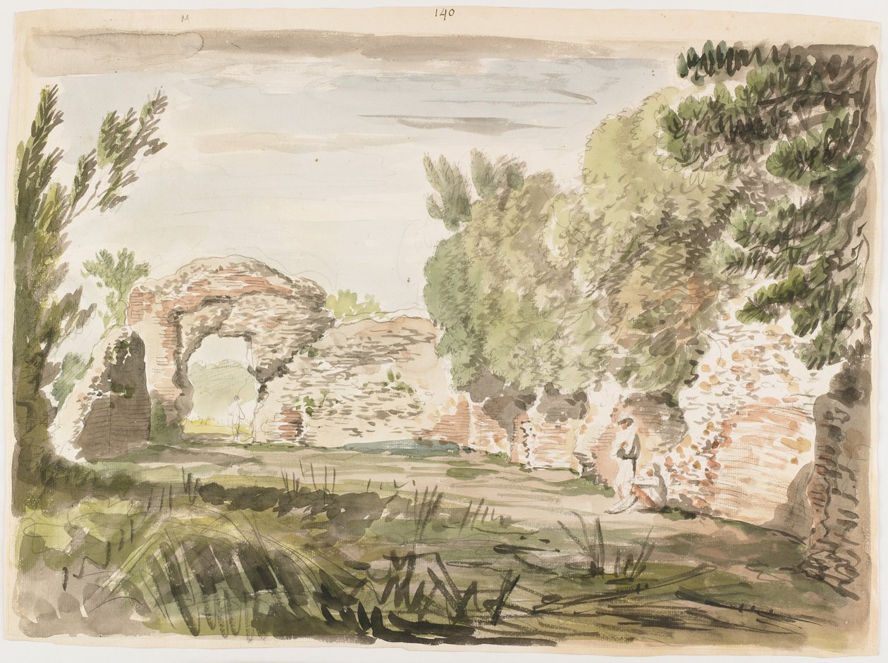 Landschap met Bomen, Ruïne en Drie Figuren door Carlo Labruzzi