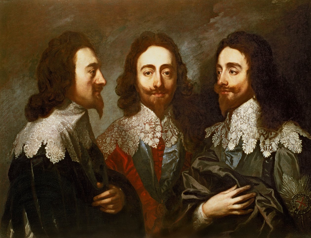 Karel I in drie posities (1600-49) schilderij naar Van Dyck door Carlo Maratta or Maratti