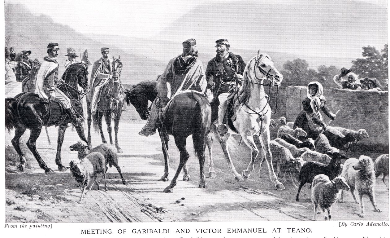 Ontmoeting van Garibaldi en Victor Emmanuel in Teano, illustratie uit 
