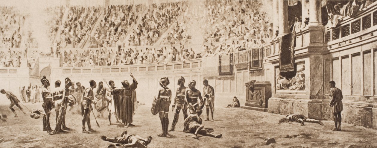 De monnik Almachius probeert de gladiatorengevechten te stoppen, illustratie uit 