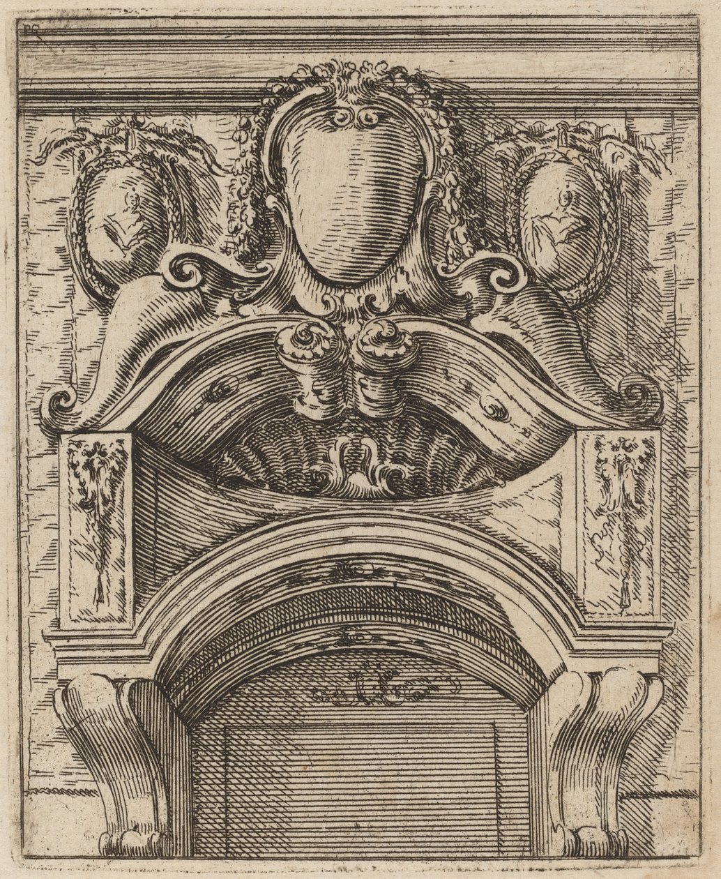 Architectonisch Motief met Drie Schilden, Twee met Figuren door Carlo Antonio Buffagnotti