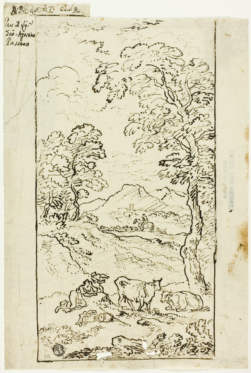 Heuvelachtig landschap met koeien en herders op de voorgrond door Carlo Antonio Tavella