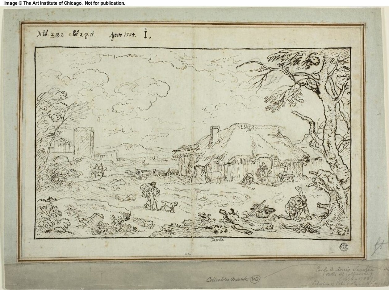 Landelijk kruispunt, met boerderijgebouwen op de voorgrond door Carlo Antonio Tavella