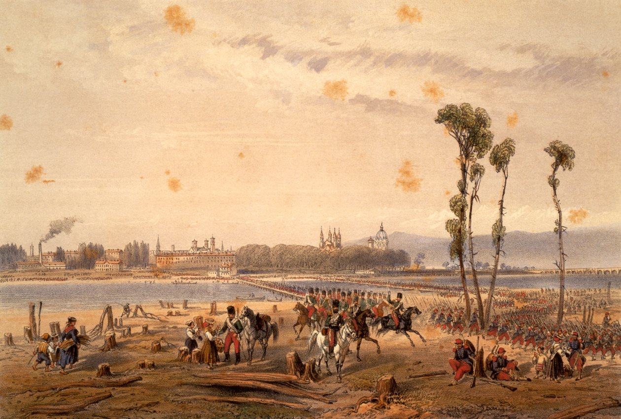 De Fransen steken de Sesia over bij Vercelli in 1859 door Carlo Bossoli