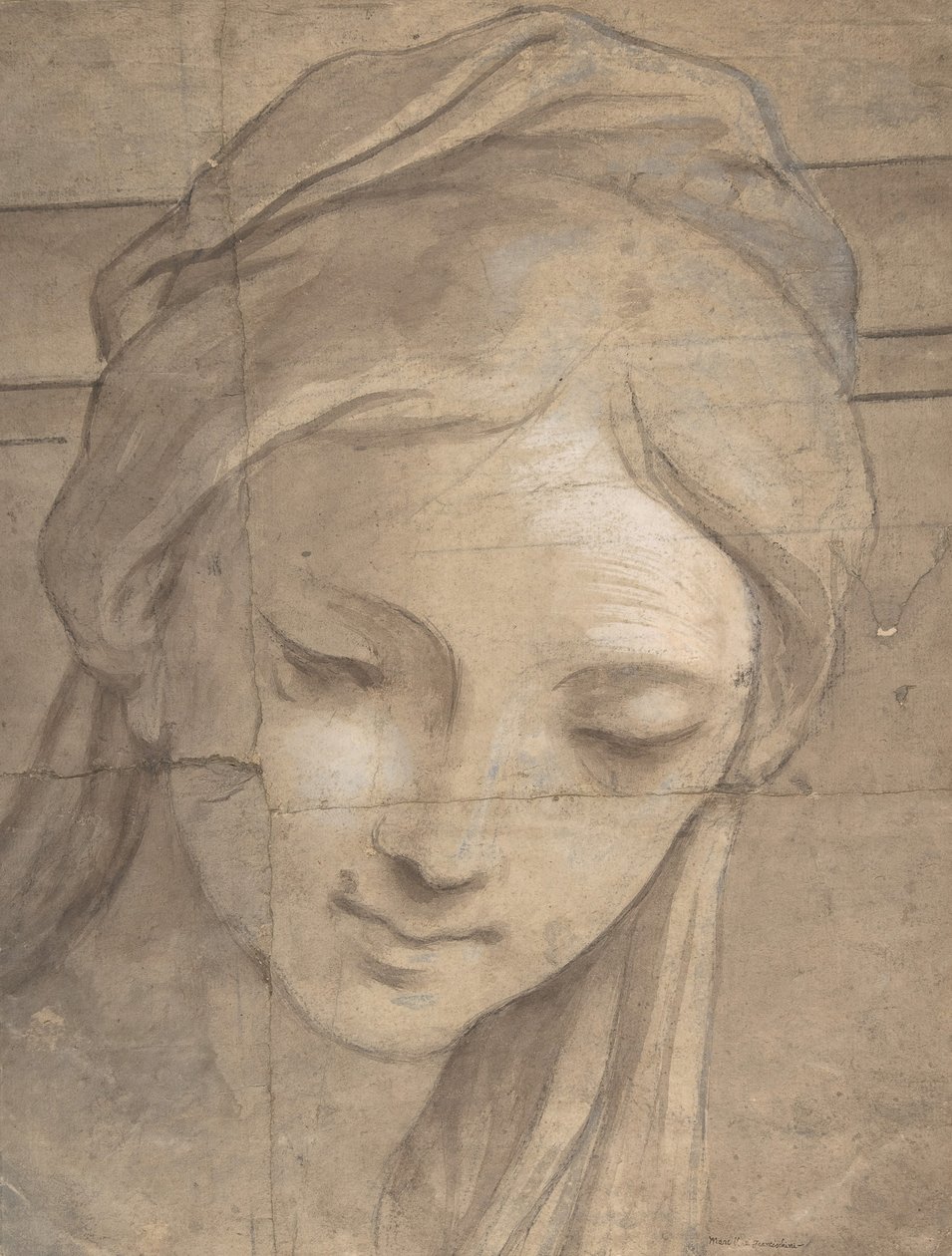 Hoofd van een jonge vrouw in driekwart profiel naar links, 1670-1700 door Carlo Cignani